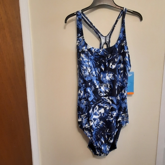 Speedo Blue White and Navy Palm Leaf Print Swimsuit One Piece - Picture 2 of 16